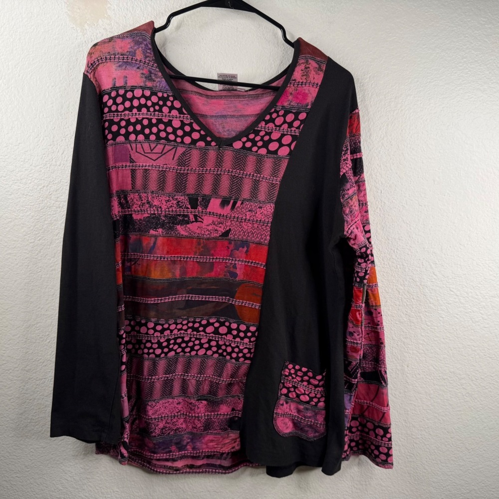 Parsley and Sage Women's Top Pink Black Sz XL Patchwork Lagenlook Artsy Unique
